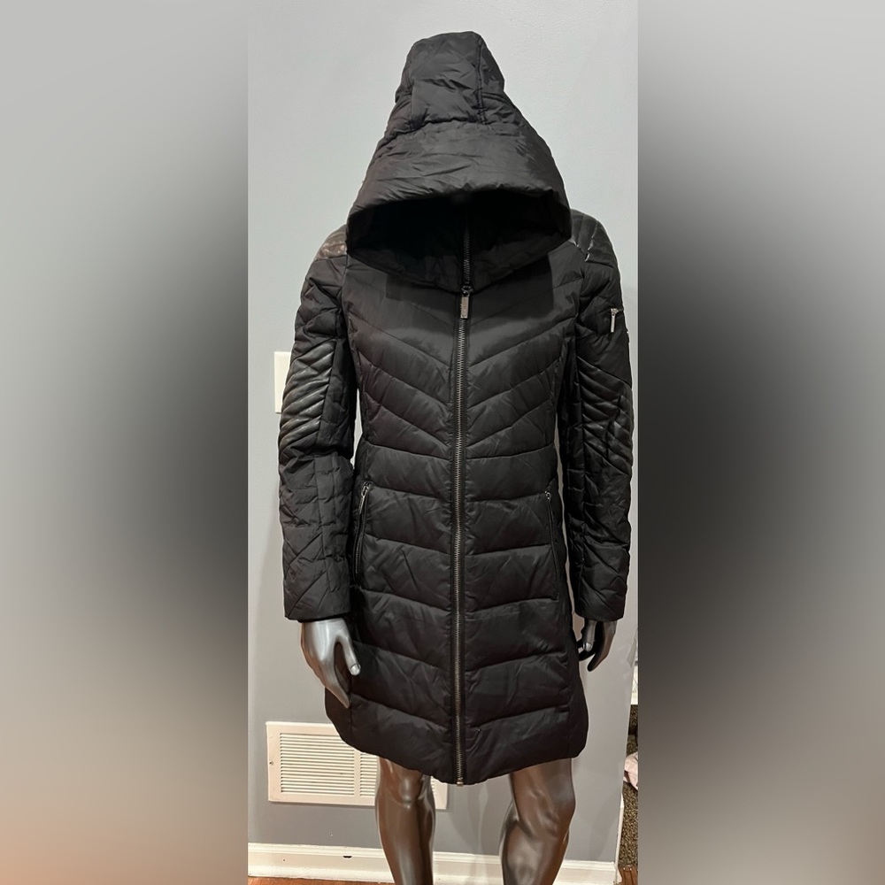 MICHAEL KORS Black Quilted Long Puffer with Faux Leather Trim & Hood